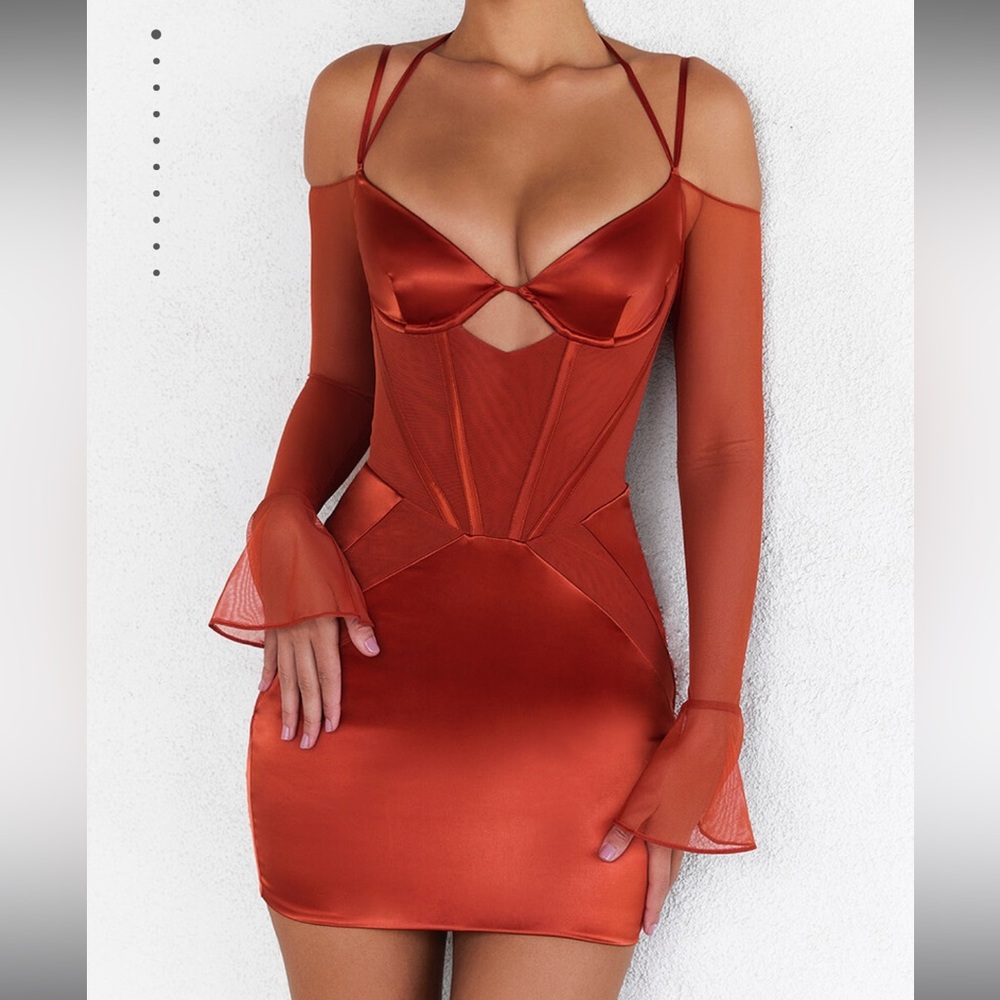 Mistress Rocks Burnt Amber Satin Corset Mini Dress